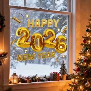 Close-up of golden 2026 New Year balloons and Happy New Year decals on a glass window