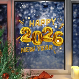 Close-up of 3D metallic golden 2026 Happy New Year window stickers with stars