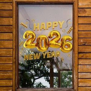 Detail of 2026 Happy New Year 3D golden butterfly floral static window stickers on glass