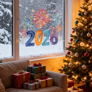 Scene of colorful 2026 firework window stickers on glass with a cozy holiday room background