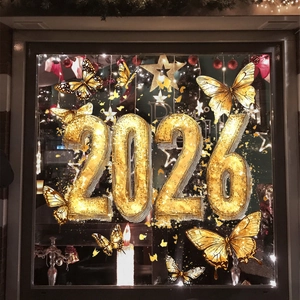 Golden 2026 New Year static window cling stickers with butterflies for home festive decor