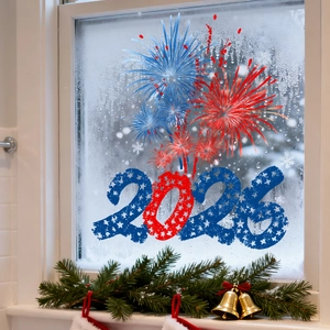 Macro shot of 2026 New Year firework window sticker on frosted glass with festive decor