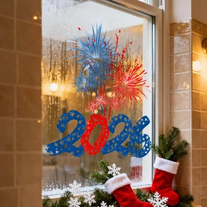 Macro shot of 2023 fireworks static window sticker on foggy glass with festive background