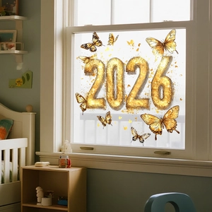 Detail of 2026 New Year gold butterfly window stickers on glass for home decor