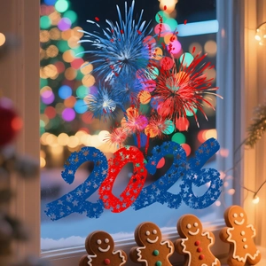 Detail of 2025 New Year firework window stickers with festive bokeh and gingerbread decor