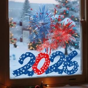 2026 New Year fireworks static window clings with colorful decals on snowy glass window