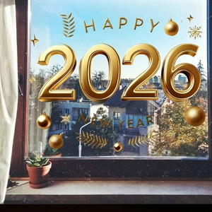 Detail of 2026 Happy New Year golden window stickers with 3D butterfly and floral motifs