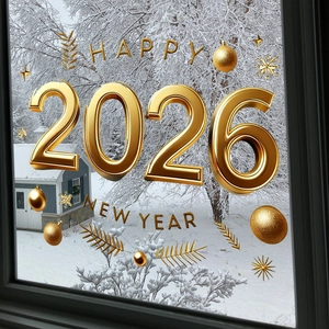 Close-up of 3D gold 2026 Happy New Year stickers with snowflakes on window glass