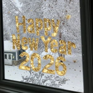 Detail of 2026 Happy New Year window decal in gold glitter font against a snowy backdrop