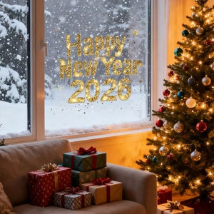 Golden glitter Happy New Year 2026 window sticker set against a cozy holiday indoor scene