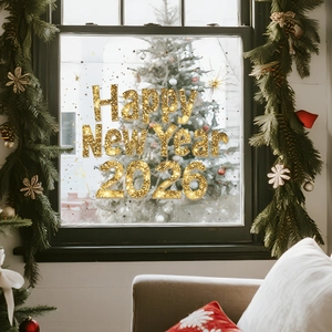 Golden glitter Happy New Year 2026 static window sticker decoration in festive living room