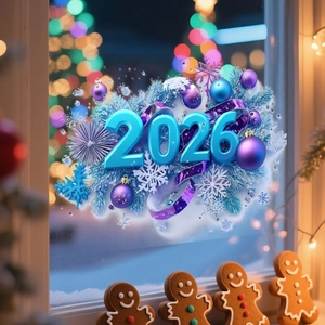 Close-up of 2026 window decal with blue pine needles, snowflakes and gingerbread men