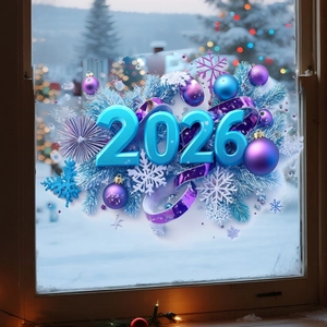 Detail of 2026 New Year static window sticker with 3D blue frost pine and purple ornaments