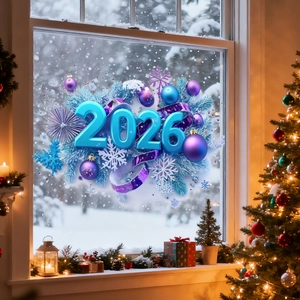 Close-up of 3D blue 2026 butterfly and floral static window clings for New Year decor