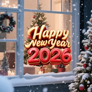 Detailed view of 3D Happy New Year 2026 window cling with festive gold and red lettering