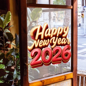 3D Happy New Year 2026 sticker with gold lettering on a glass door of a plant concept store