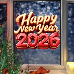 Close-up of Happy New Year 2026 window sticker in red and gold 3D design for home