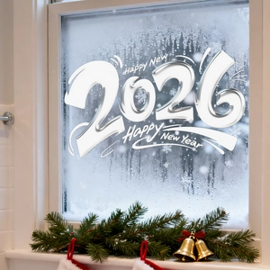 Close-up of 2026 Happy New Year static window sticker with snowflake and floral motifs