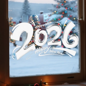 Festive 2026 Happy New Year window sticker with butterfly and floral motifs in snow scene