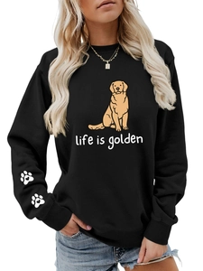 Detail of life is golden text and golden retriever print on black crewneck sweatshirt