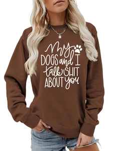 Detail of white slogan printing and dog paw graphic on dark brown sweatshirt