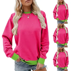 Women Contrast Ribbed Pullover Sweatshirt And Denim Shorts Casual Loose Long Sleeve Crew Neck Rose Pink Streetwear