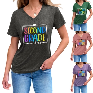 Detail of the V-neck cotton blend t-shirt with heart print available in multiple colors