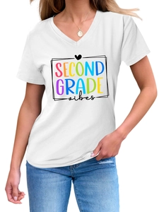 Detail of white V-neck T-shirt with SECOND GRADE vibes colorful print and heart icon