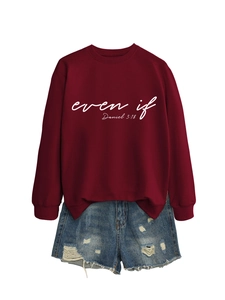 Flat lay of maroon crewneck sweatshirt with letter print and blue distressed denim shorts