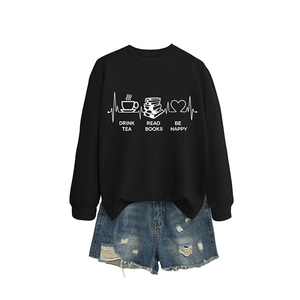 Black crewneck sweatshirt with 'Drink Tea Read Books' print and ripped denim shorts set