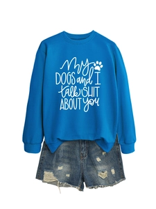 Close-up of cobalt blue sweatshirt with white text and dog paw print graphic