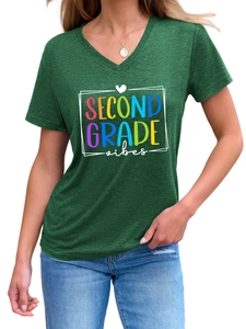Detail of V-neck short sleeve T-shirt in dark green with Second Grade vibes print