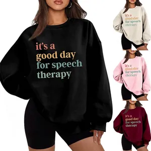 Women Sweatshirt Cotton Fleece Lined Crewneck Oversized Speech Therapy Colorful Letter Print Casual Loose Warm Pullover