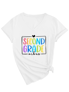Detail of white V-neck T-shirt featuring colorful Second Grade Vibes print and a knotted hem