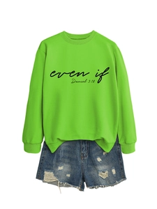 Flat lay of a neon green oversized sweatshirt with denim shorts set for casual style