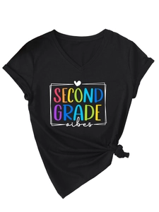 Detail of black V-neck T-shirt with rainbow Second Grade vibes print and side knot