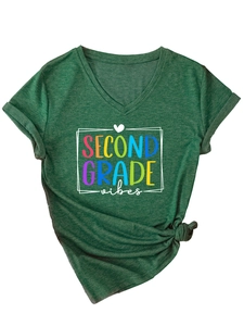 Detail of V-neck T-shirt in dark green with Second Grade Vibes print and hem knot
