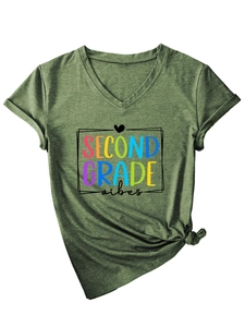 Detail of olive V-neck T-shirt with Second Grade Vibes colorful print and knot hem