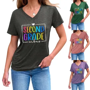 Women's Casual V-Neck Short Sleeve T-Shirt Second Grade Vibes Colorful Letter Heart Print Cotton Blend Loose Fit Graphic Tee Top