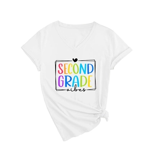 Women's white V-neck short sleeve T-shirt with Second Grade Vibes colorful print