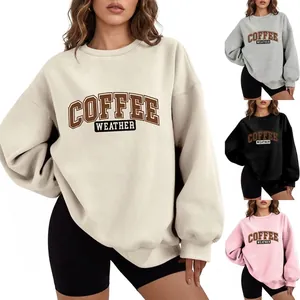 Women Round Neck Sweatshirt Cotton Fleece Oversized Pullover Long Sleeve Coffee Weather Letter Print Casual Streetwear