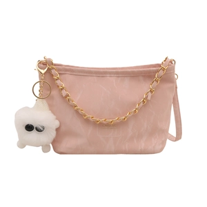 Pink marble pattern large capacity tote bag with gold chain and plush charm pendant