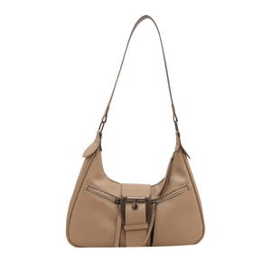 Minimalist khaki half-moon underarm bag with vintage metal buckle and side zipper accents