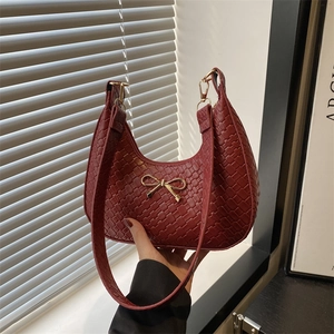 Women Hobo Bag Woven Texture Underarm Shoulder Purse With Gold Bow Metal Ornament Retro Urban Minimalist Style