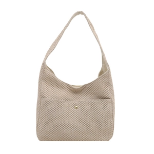 Elegante borsa tote in paglia intrecciata beige con trama a nido d'ape e bottone dorato
