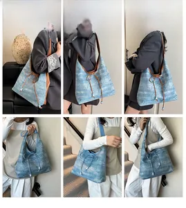 Collage of large denim tote bag with bow detail showing different carrying styles
