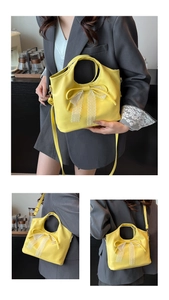 Detail of yellow oil wax leather tote with bow and lace trim shown in various angles