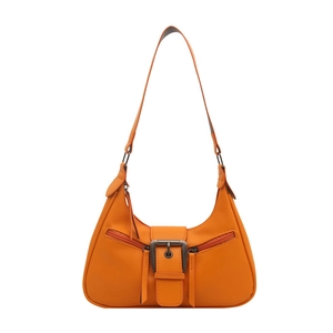 Retro orange leather hobo bag with vintage buckle and dual zipper pockets on white background