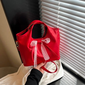 Borsa a Mano da Donna in Pelle PU Dolce Con Decorazione Fiocco in Pizzo Grande Borsa a Tracolla alla Moda per Pendolari