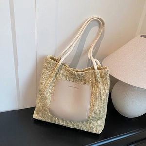 Grand Sac Cabas en Paille Tissée pour Femmes Mode d'Été Poche en Cuir PU Sac à Épaule avec Poignée en Corde Fermeture Éclair